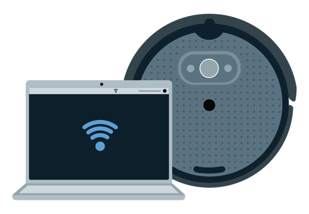 An illustration showing a generic Wi-Fi icon on a computer monitor next to a Create® 3 robot