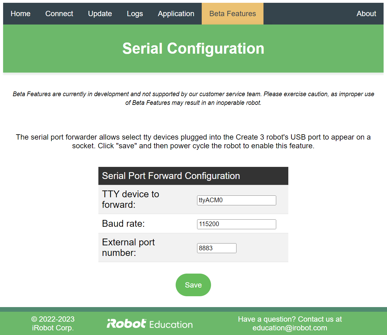 Picture of serial configuration page